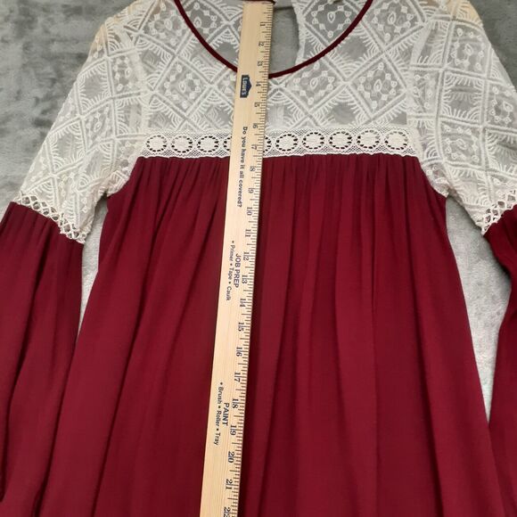 Umgee Dress Womens Size S Red Long Ruffle Sleeve Ivory Sheer Floral Lace - Picture 5 of 7